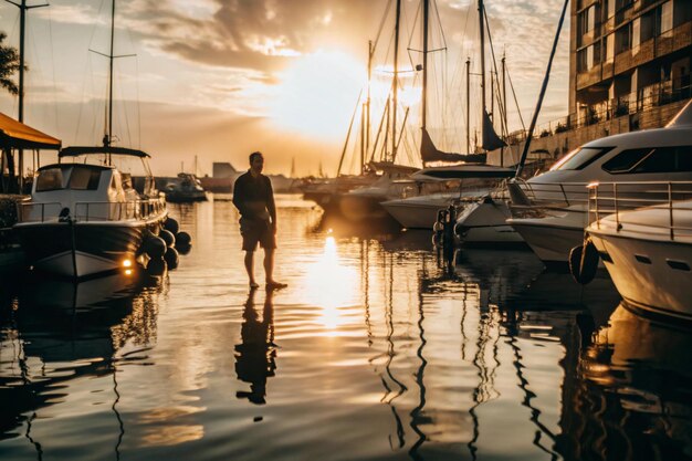 Photo a man stands in the water in front of a boat with the sun behind him