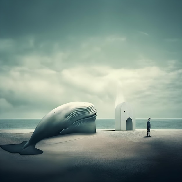 A man stands next to a whale that is on the beach.