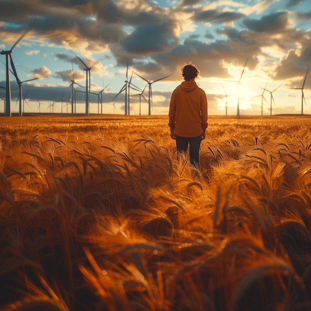 A man stands in a wheat field with wind turbines in the background