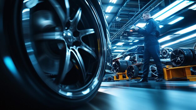 a man stands next to a wheel that has the word quot on it