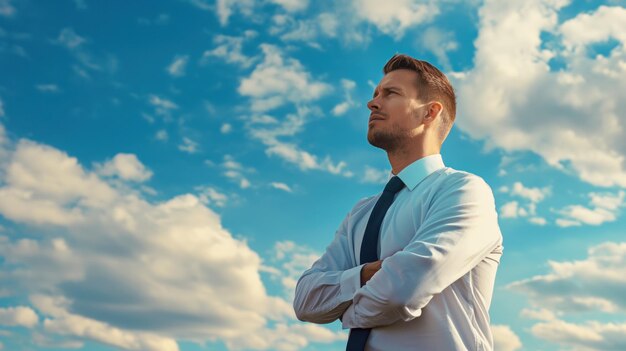 Photo a man stands with arms crossed gazing thoughtfully into the distance against a backdrop of vibrant blue skies and soft white clouds