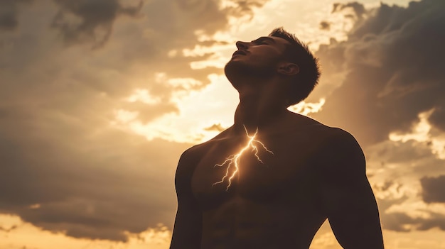 A man stands with a dramatic lightning bolt illuminating his chest set against a captivating sunset sky symbolizing power and inner strength