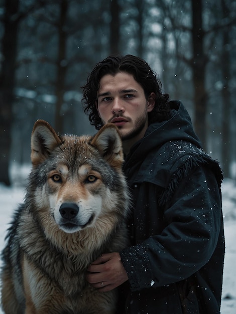 Photo a man stands with a fox in the land of ice