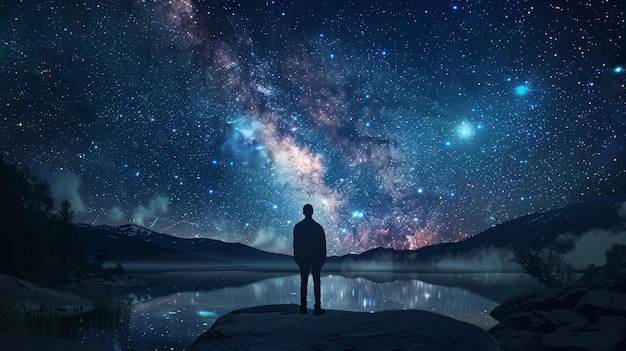 Man under a starched night sky at the lake Tranquil scene of a man standing by a lake under a starry sky representing solitude and the universe39s expanse