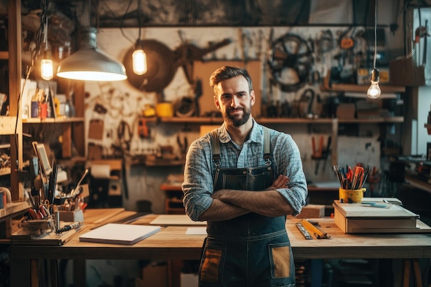 Photo man starting own small business in home workshop