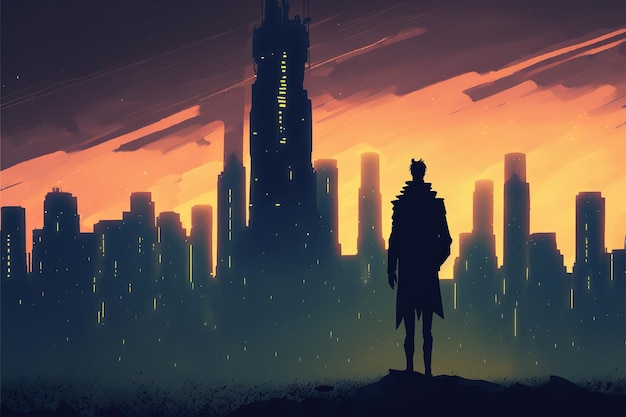 Man staying near the giant mystic ring Man in the dystopian city standing on building looking at the distant light circles Digital art style illustration painting