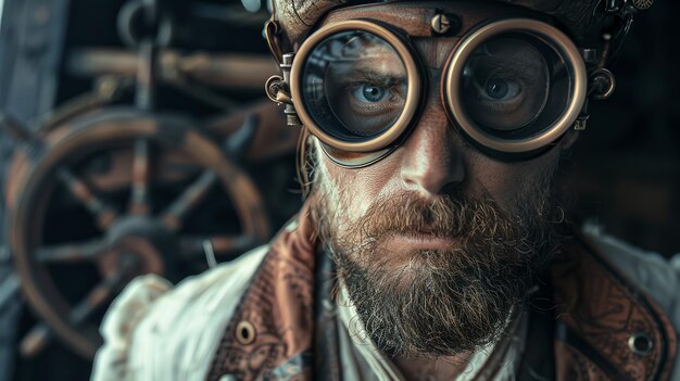 Photo a man in steampunk goggles with a serious look on his face stands in front of a blurry background with a large gear