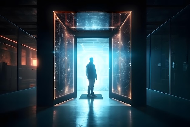 Man Steps into Door Entrance to the Future Moving Forward to Metaverse New Technology Web30 Blockchain and the Next Layer of the Internet Futuristic Illustration Generative Ai