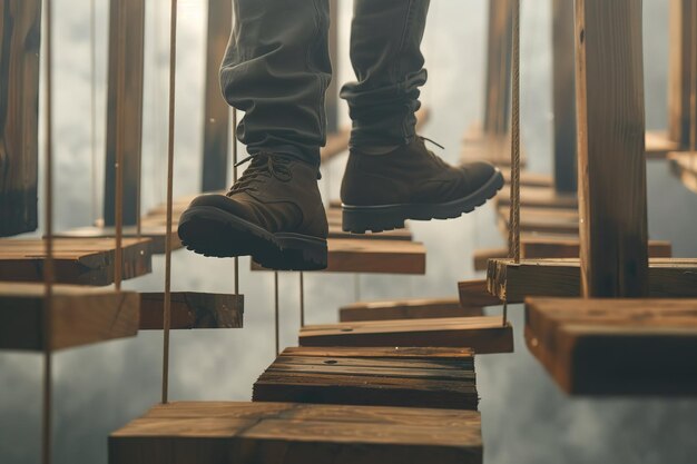 Photo man steps on the wooden boards hanging in the air