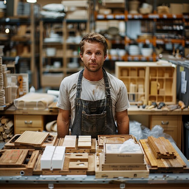 Photo a man in a store with a shirt that says wood on it