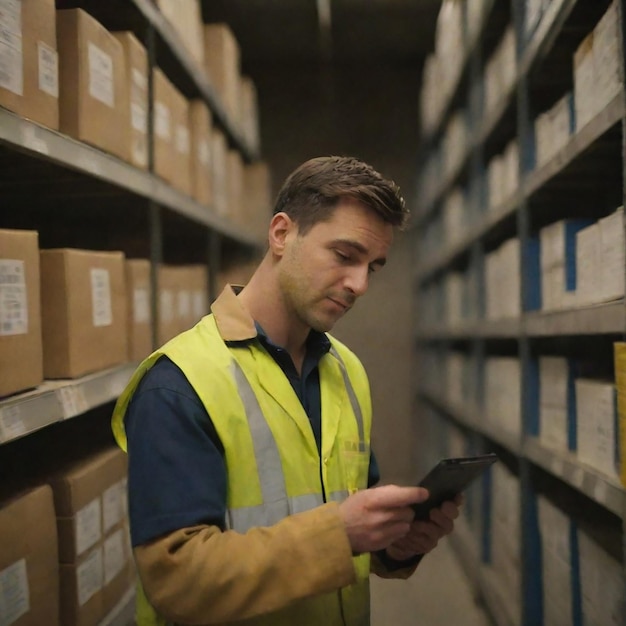 Photo man storekeeper customs officer near racks of boxes