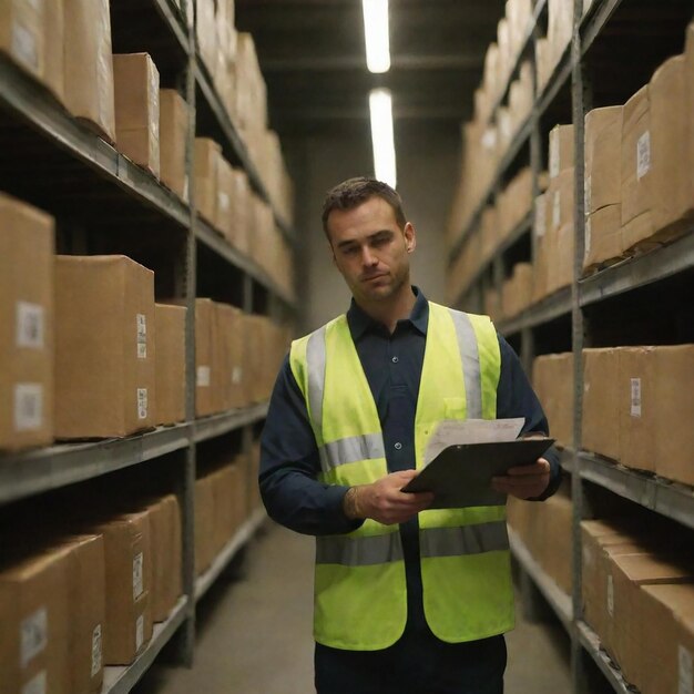 Photo man storekeeper customs officer near racks of boxes