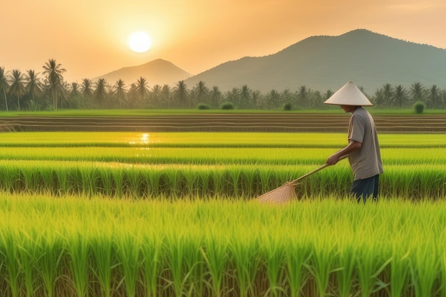 A man in a straw hat harvests rice in the paddy fields