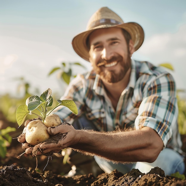 a man in a straw hat is holding a potato in his hands