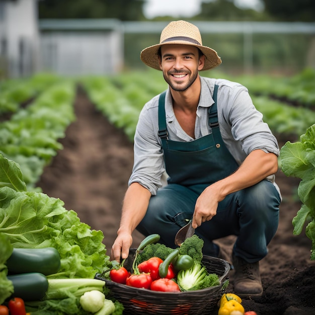 a man in a straw hat is kneeling in front of a basket of vegetables