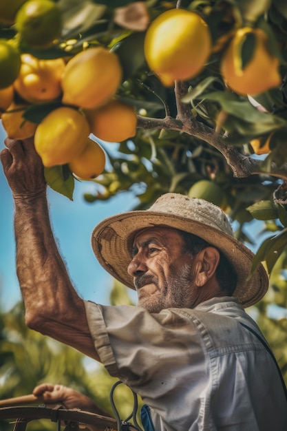 Man in straw hat is picking lemons from tree