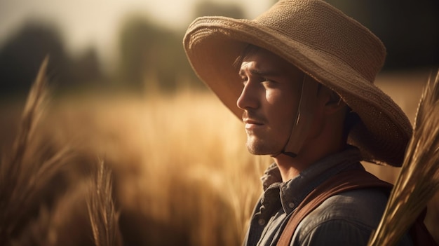 A man in a straw hat stands in a field