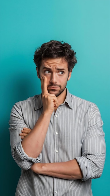 Man in striped shirt looks confused and thoughtful