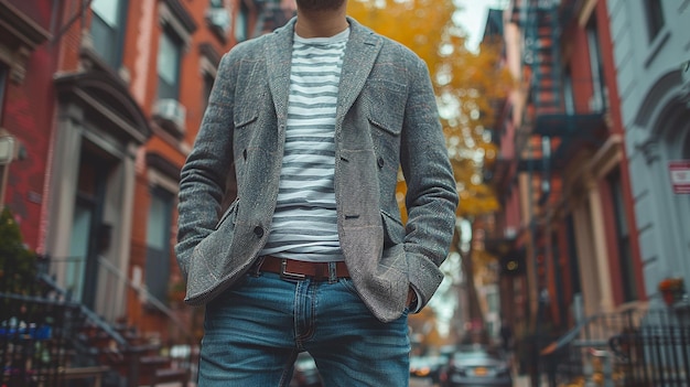 a man in a striped shirt stands on a street with his hands in his pockets