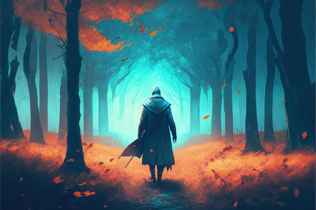 A man strolling through a gorgeous forest Fantasy concept Illustration painting Generative AI