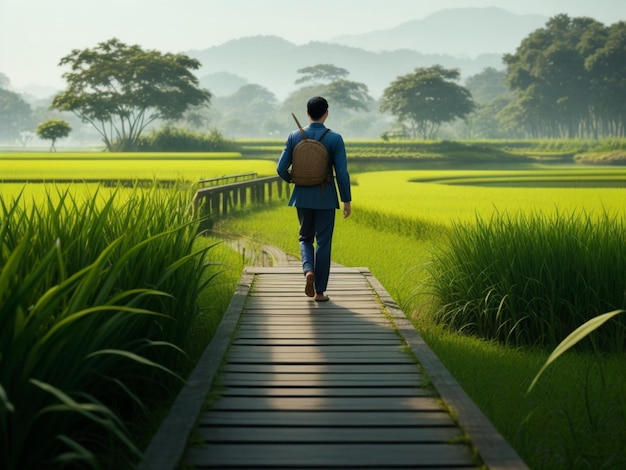 A man strolling on a wooden path amidst a rice field