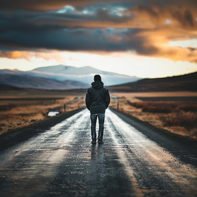 A man strolls along a scenic road enjoying the journey