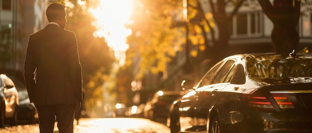 A man strolls towards a luxury car as the sunset bathes the city in a warm glow