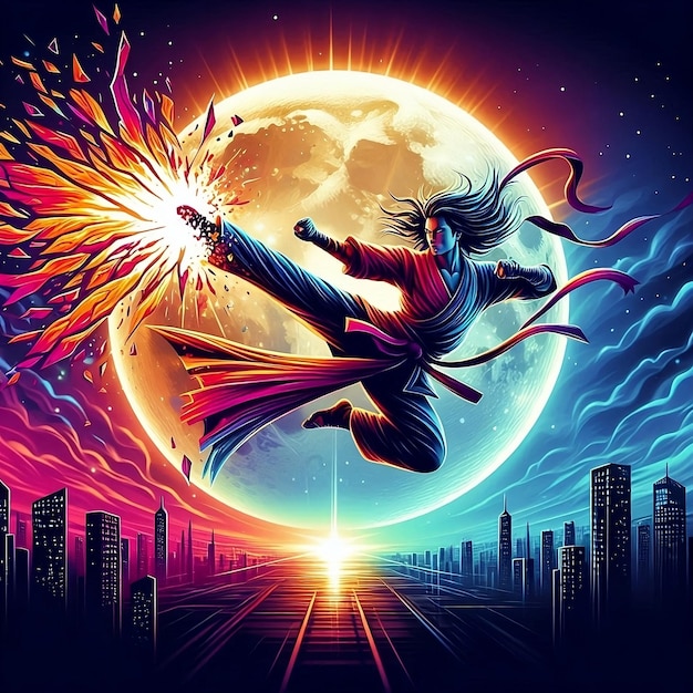 A man in a stunning powerful hero kick in front of a full moon beautiful digital artwork