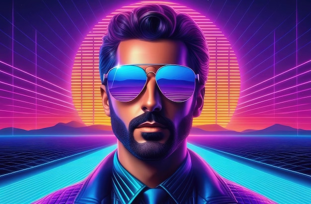 man in stylish sunglasses at sunset landscape in 80s style Retro view in 3D VR with 1980s vibes