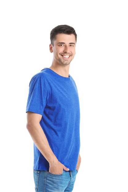 Man in stylish t-shirt on white surface