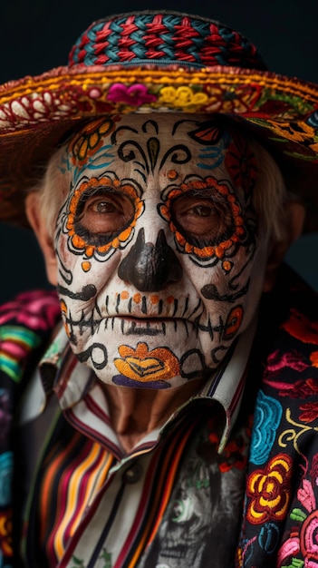 Man in sugar skull makeup wears straw hat for event at Temple of Visual Arts