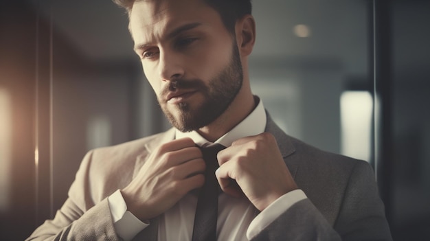 A man in a suit adjusts his tie.