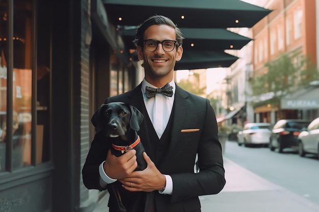 A man in a suit and bow tie holds a black dog on a sidewalk.