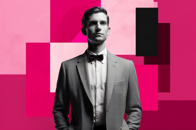 A man in a suit and bow tie stands in front of a pink background with squares.