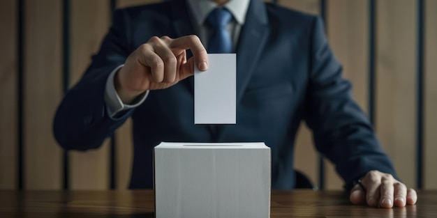 Man in suit casting a ballot during elections at an unknown location