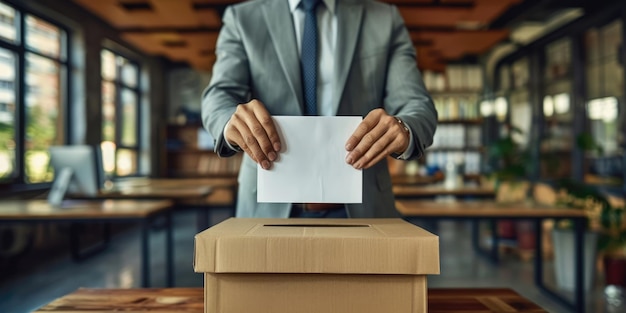 Man in a suit casting a ballot into a box during a voting event in a modern office space