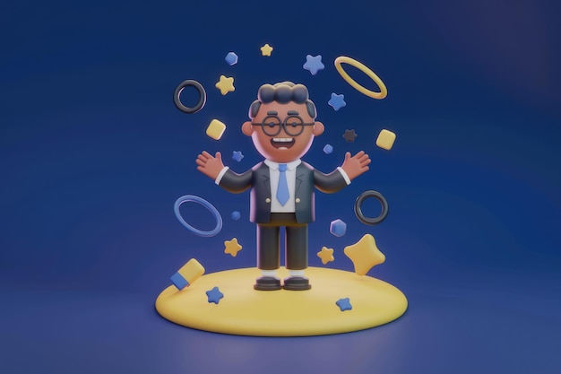 The Man in the Suit Celebrates Amidst Floating Stars and Shapes