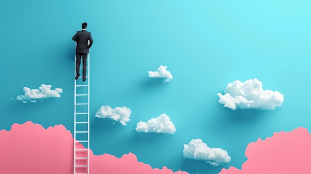 A man in a suit climbing a ladder towards the sky with clouds