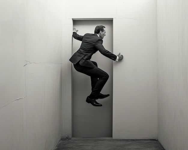 Photo a man in a suit climbing a wall symbolizing the challenge of climbing the corporate ladder striving for career advancement amidst obstacles careerclimb