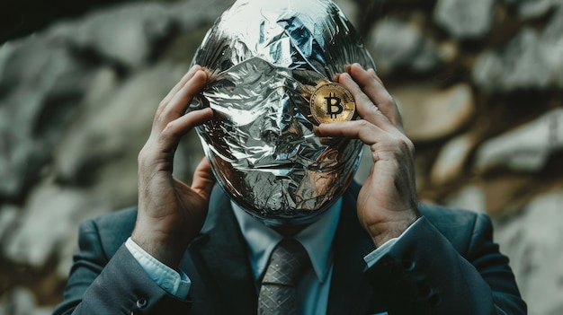 Photo a man in a suit covering his face with a piece of tin foil suitable for technology or privacy concepts