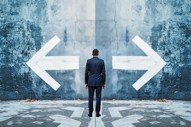 Photo man in suit at a crossroad with large white arrows on a grungy blue wall symbolizing decisionmaking generative ai