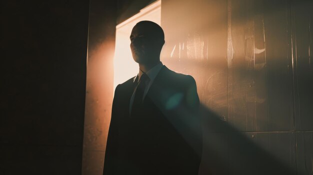 Photo man in a suit emerging from shadows in a dark hallway with light streaming through a door portraying mystery and intrigue