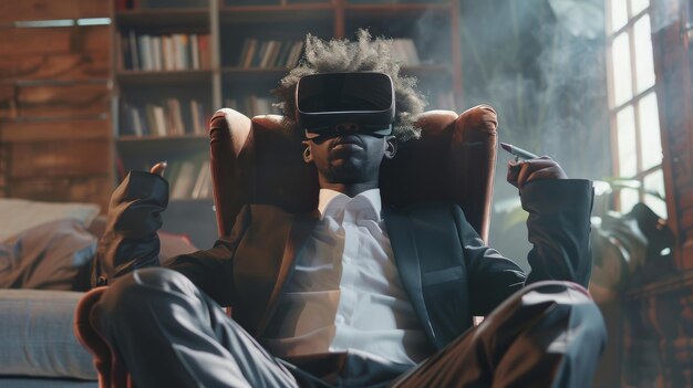 A man in a suit enjoys a VR experience striking a pose while seated in an armchair in a welllit room filled with books