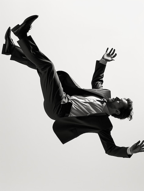 A man in a suit falling through the air black and white dramatic lighting