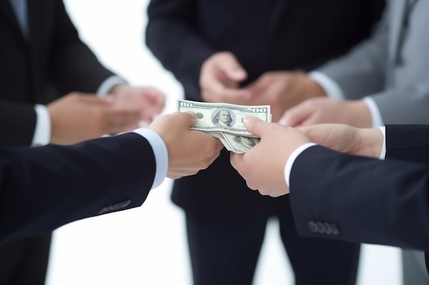 A man in a suit giving money to his shareholders realistic white background