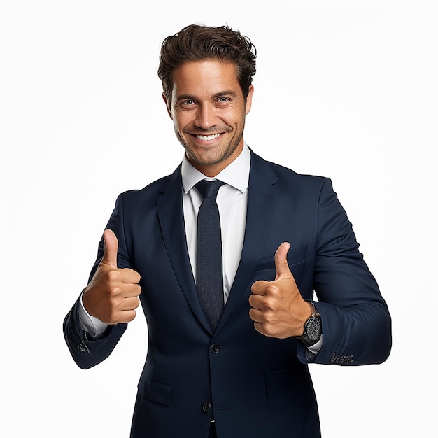 a man in a suit giving the thumbs up