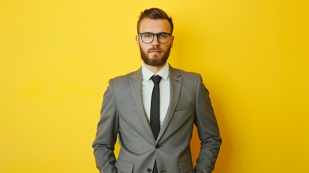 Photo a man in a suit and glasses is posing in front of a yellow background