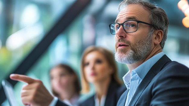 a man in a suit and glasses is speaking with other people in the background