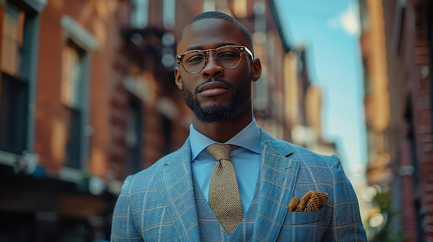 a man in a suit and glasses is standing in front of a building