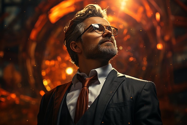 A man in a suit and glasses is standing in front of a glowing background.